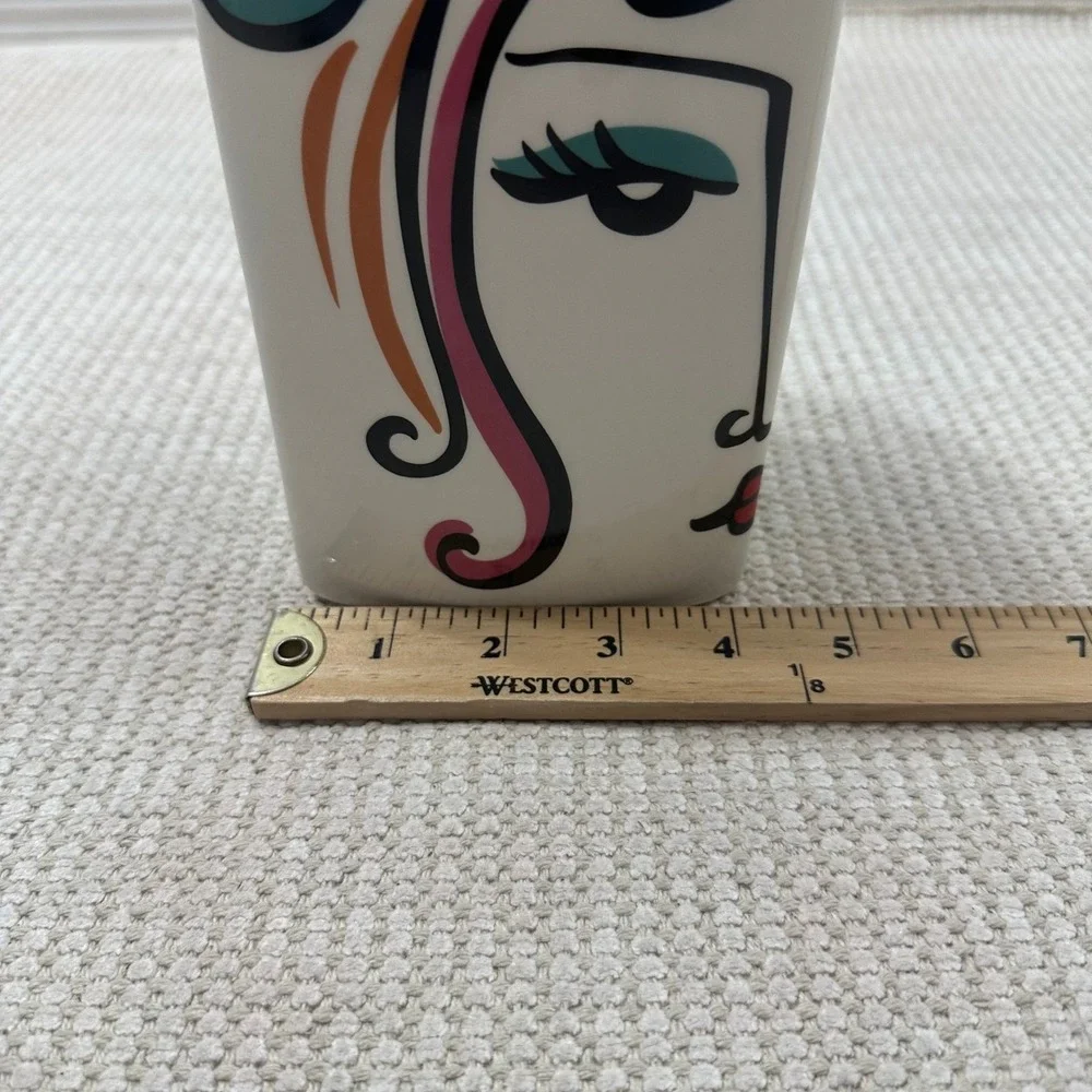 Vintage Style Abstract Face Ceramic‎ Vase Triangular Pop Art Modern White 6.5in